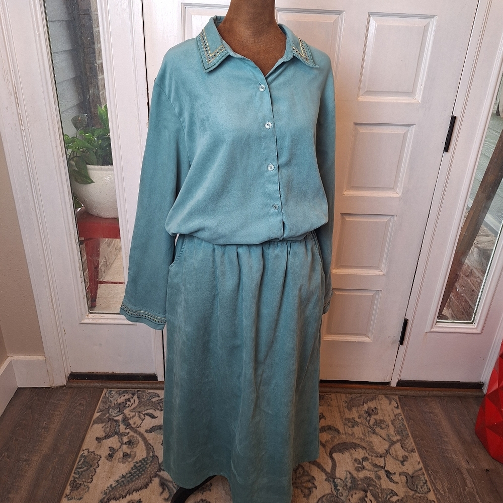 Vtg Graff Large Long Sleeve Button Blouse Skirt Suit Blue/ Green